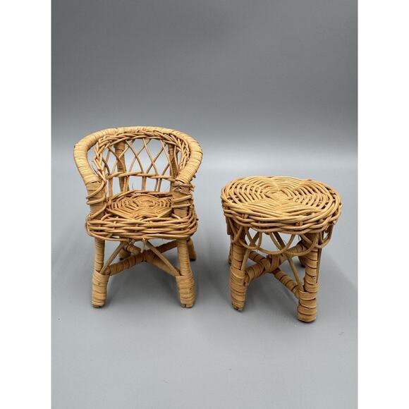 Vintage Wicker Dollhouse Furniture Chair & Table Set - Picture 1 of 10